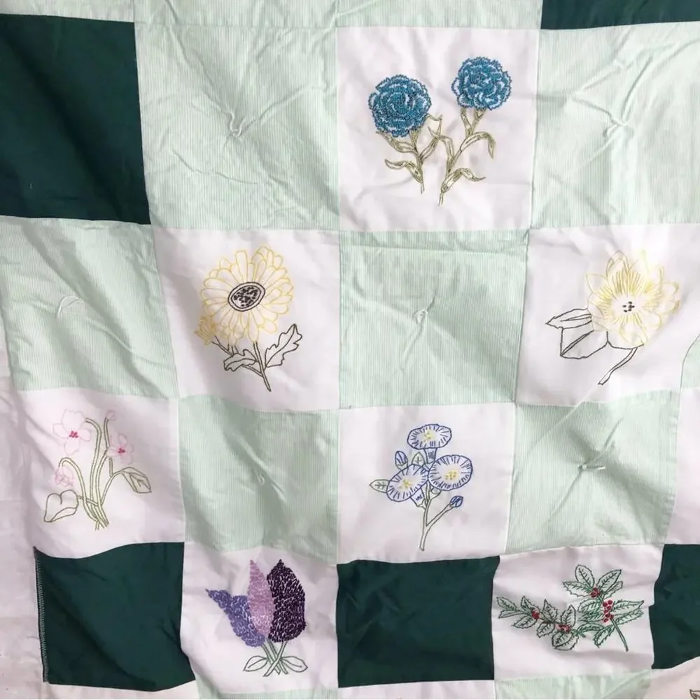 Vintage Handmade Embroidered Flowers Quilt